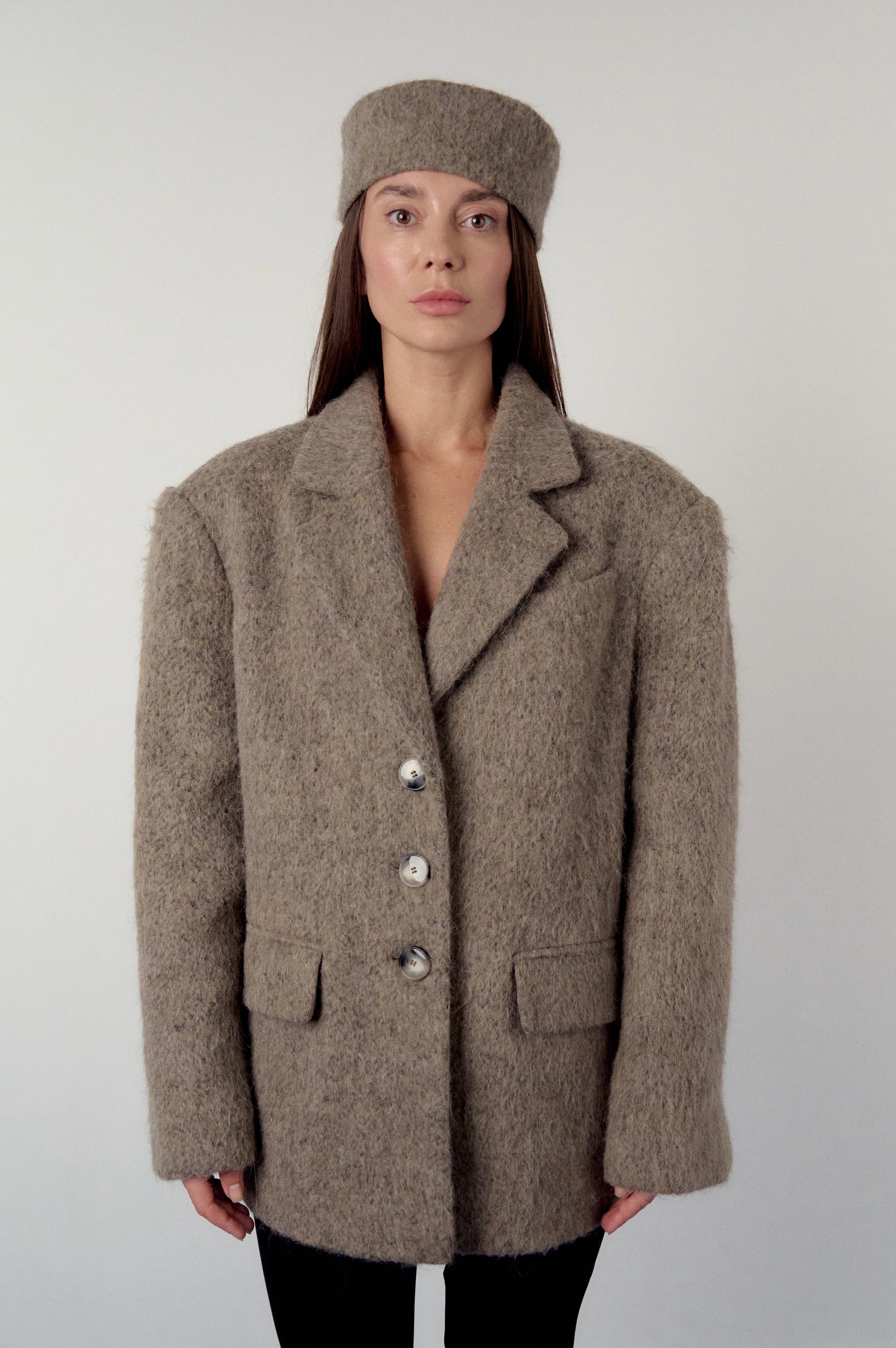 Blazer, but coat in warm grey