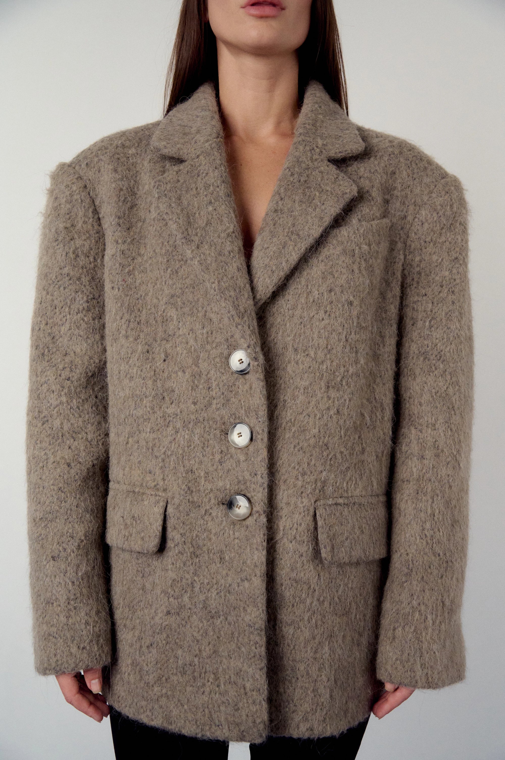 Blazer, but coat in warm grey