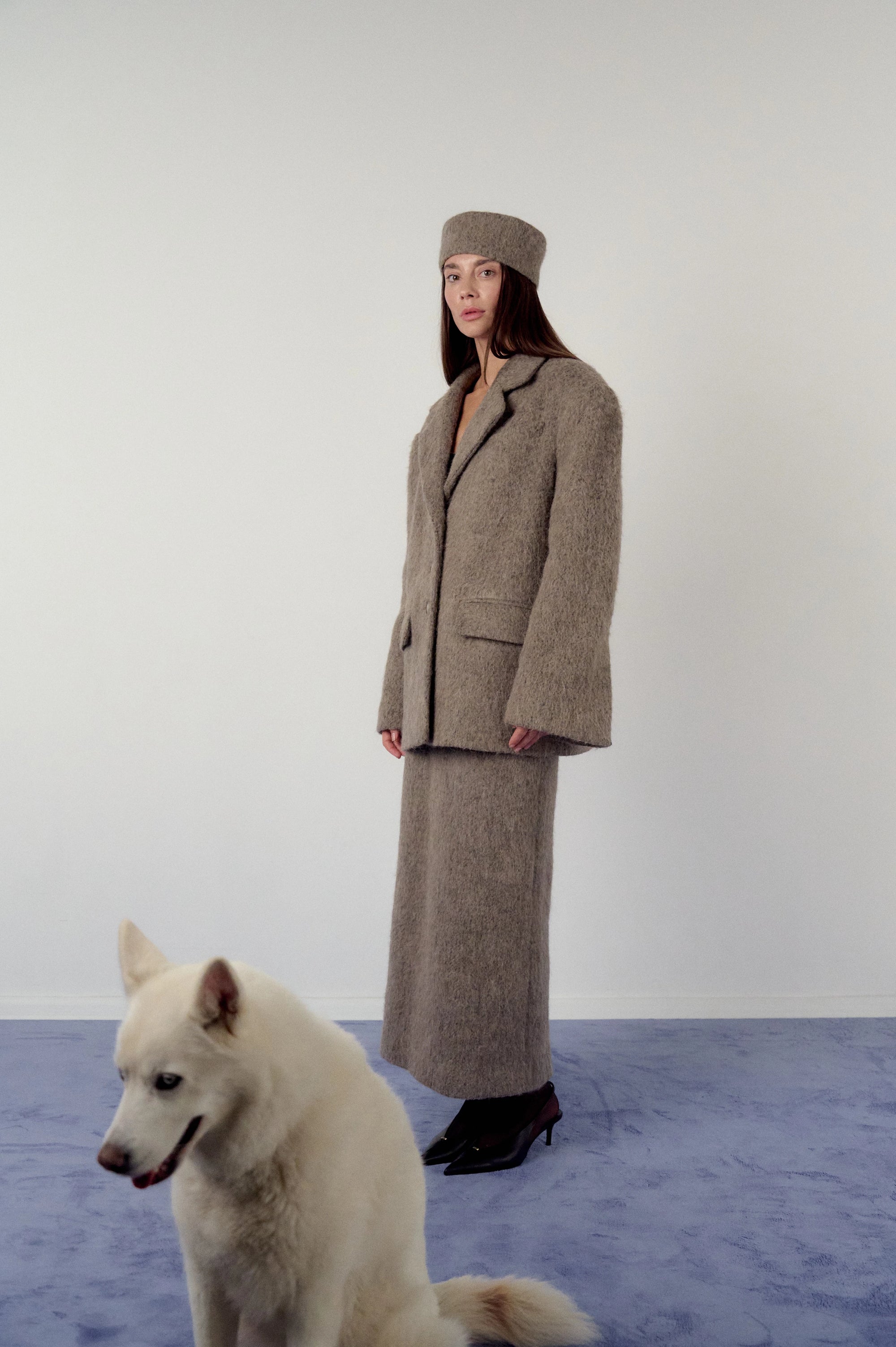 Pillbox hat in warm grey